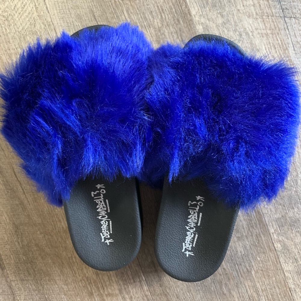 Jeffrey Campbell blue fuzzy slides